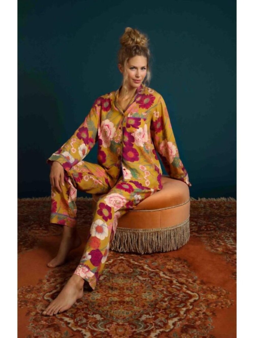 NEW Powder UK Wild Woodland Pajama Set Medium Modal Botanical Mustard Lounge